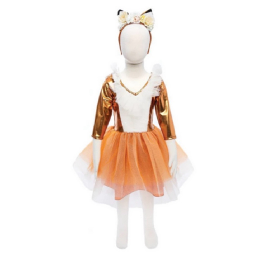 Great Pretenders Orange White Kids Fox Costume with floral headband size 5 - 6